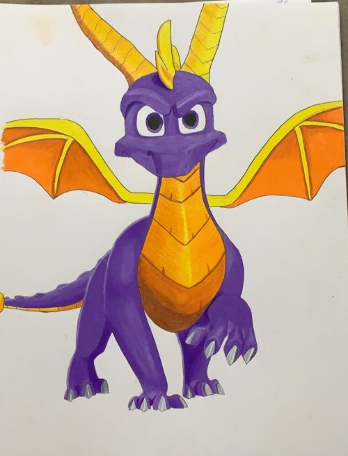 Image of Spyro the Dragon in colored pencil.